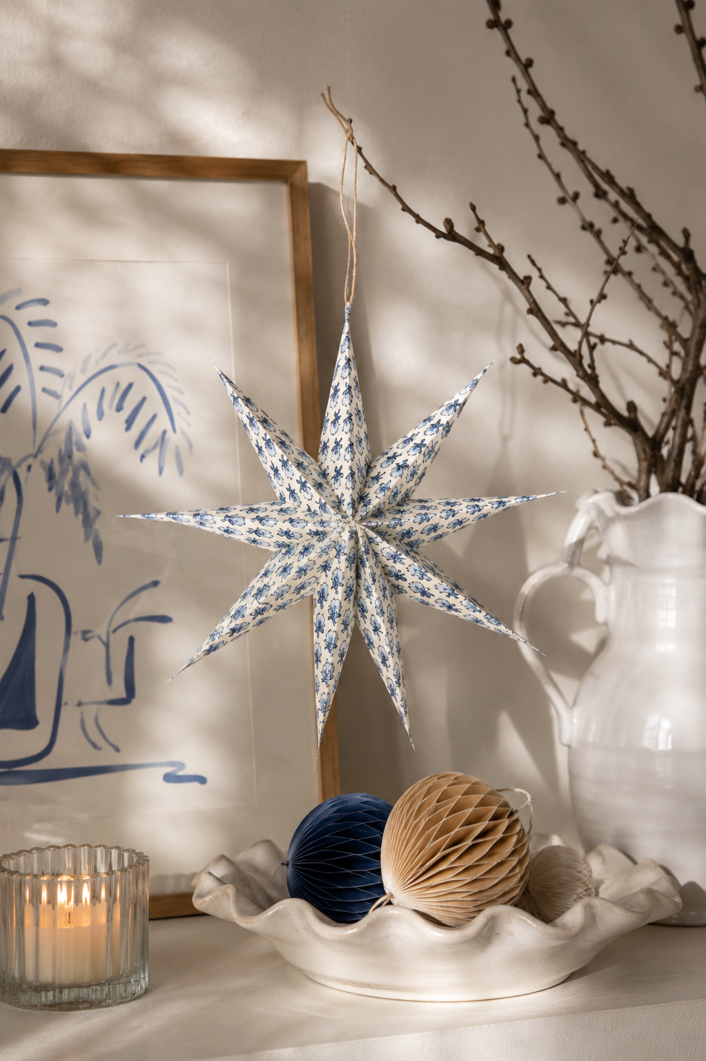 Large Blue Starlight Paper Star Ornaments, Set of 3
