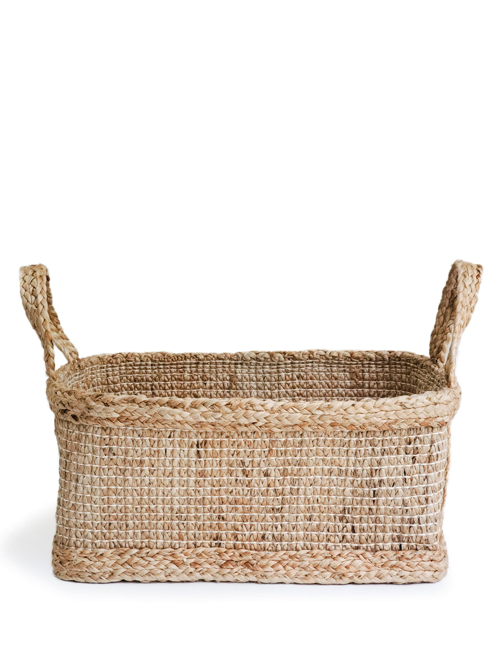 Woven seagrass basket with handles on a white background