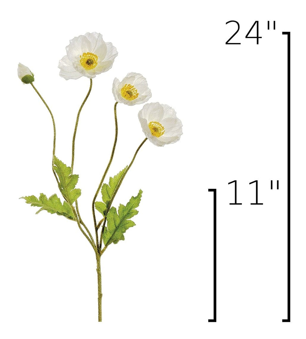 White poppy artificial flower stem with three blooms, green leaves, and a bud, shown with height measurement markers of 24 inches and 11 inches on a white background.