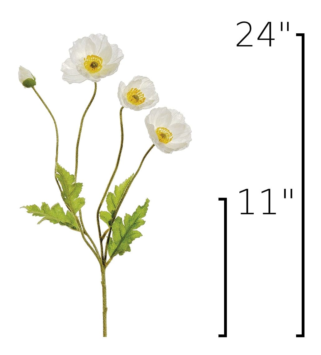 White poppy artificial flower stem with three blooms, green leaves, and a bud, shown with height measurement markers of 24 inches and 11 inches on a white background.