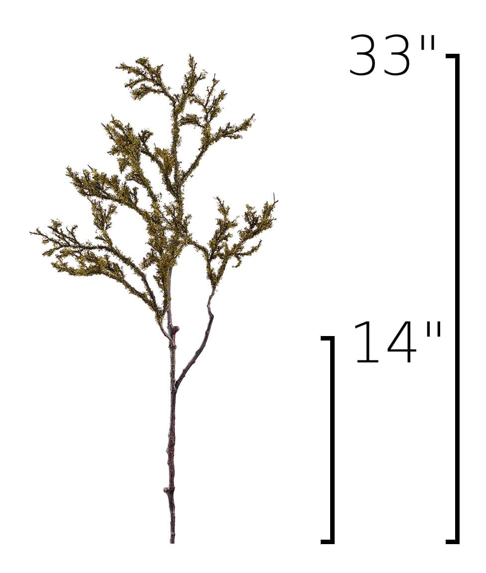 An artificial green and brown pine branch with height measurement markers showing 33 inches and 14 inches on a plain white background.