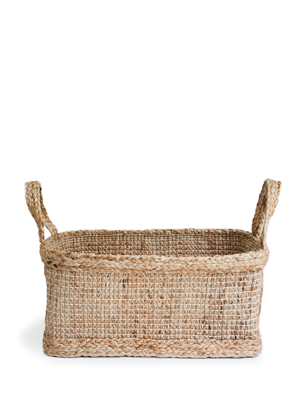 Woven seagrass basket with handles on a white background