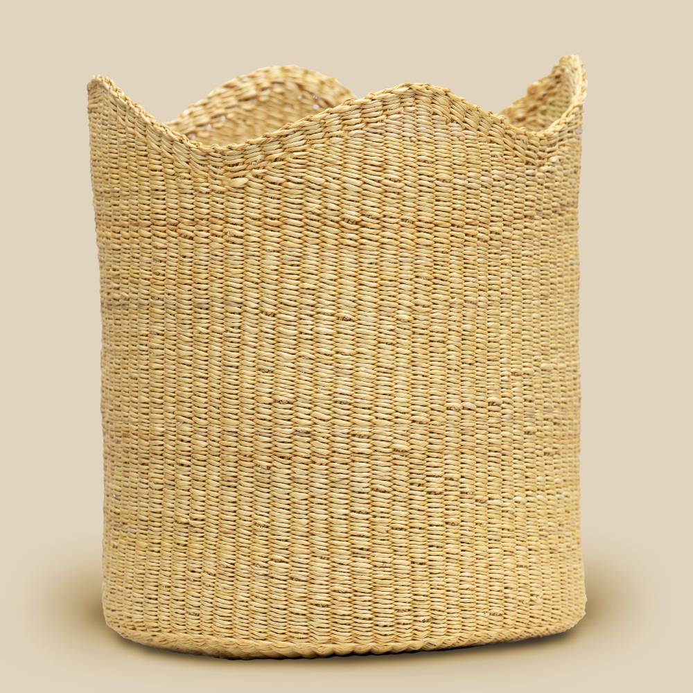 Scalloped Woven Waste Basket | Bolga Straw | Ghana | Sorelle Rossi