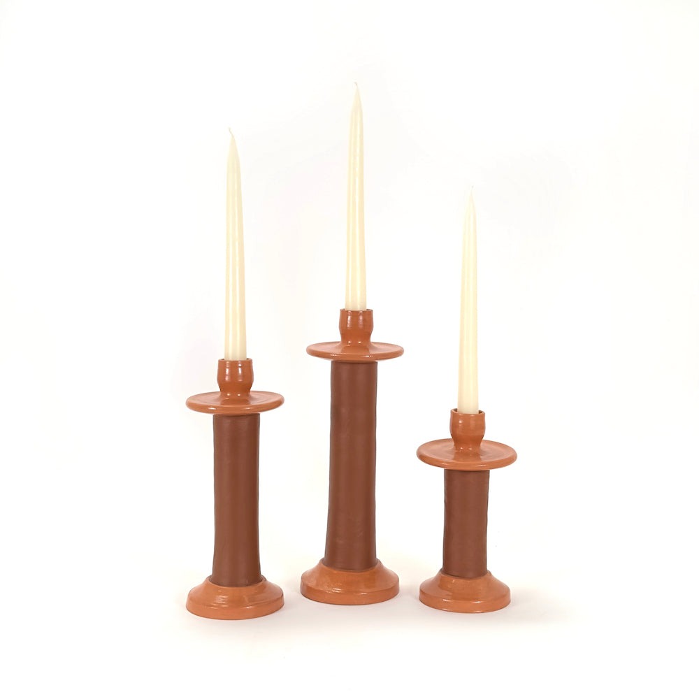 Handmade Moroccan Leather-Wrapped Ceramic Candle Holders