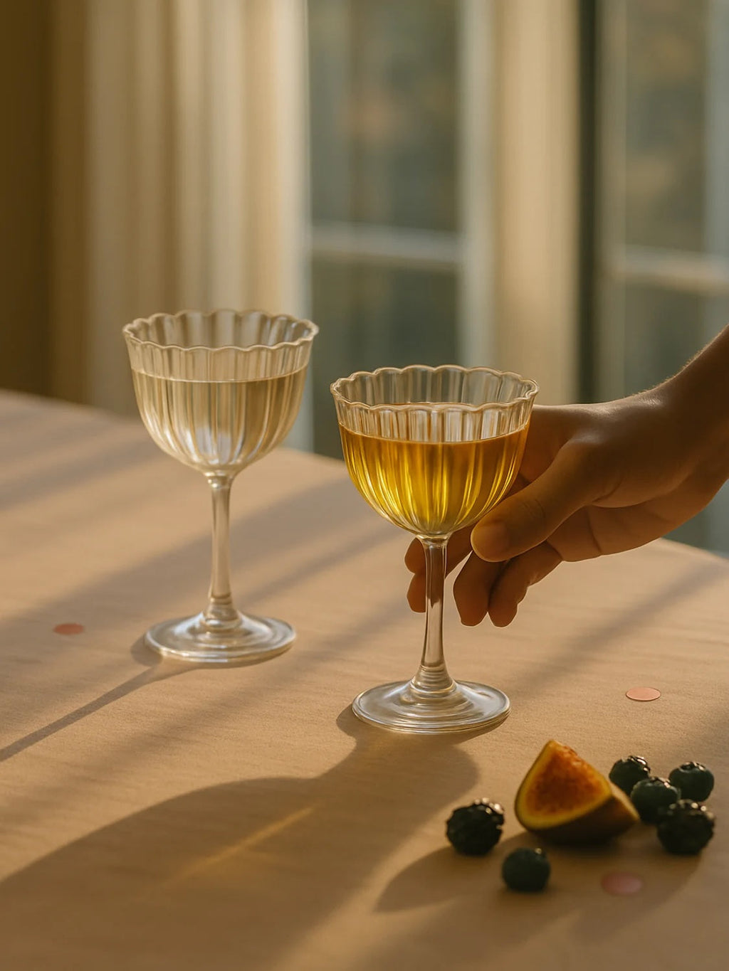 Two glasses of yellow liquid on a wooden table with a blurred background