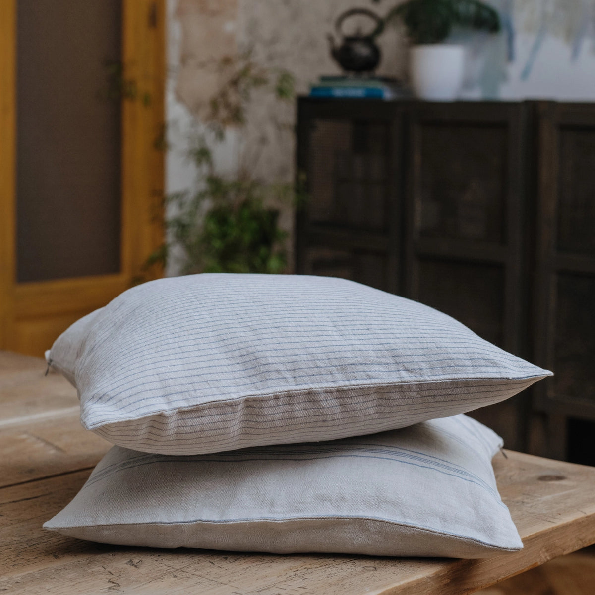 Blue Striped Linen Cushion Cover | Set of 2