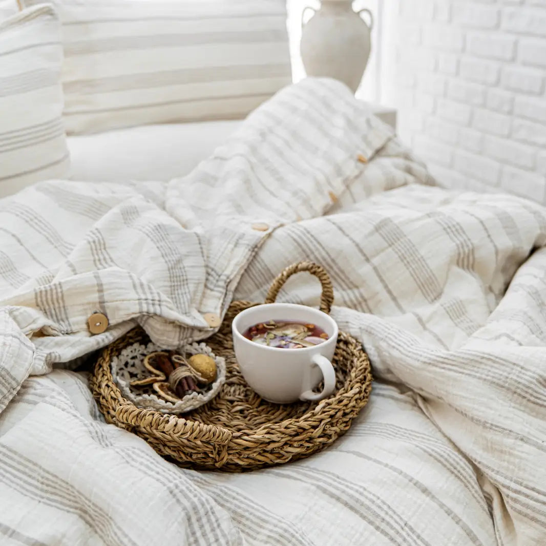 Organic Muslin Duvet Cover Set –Taupe Stripe, GOTS Certified Cotton Bedding with Fitted Sheet & Pillowcases