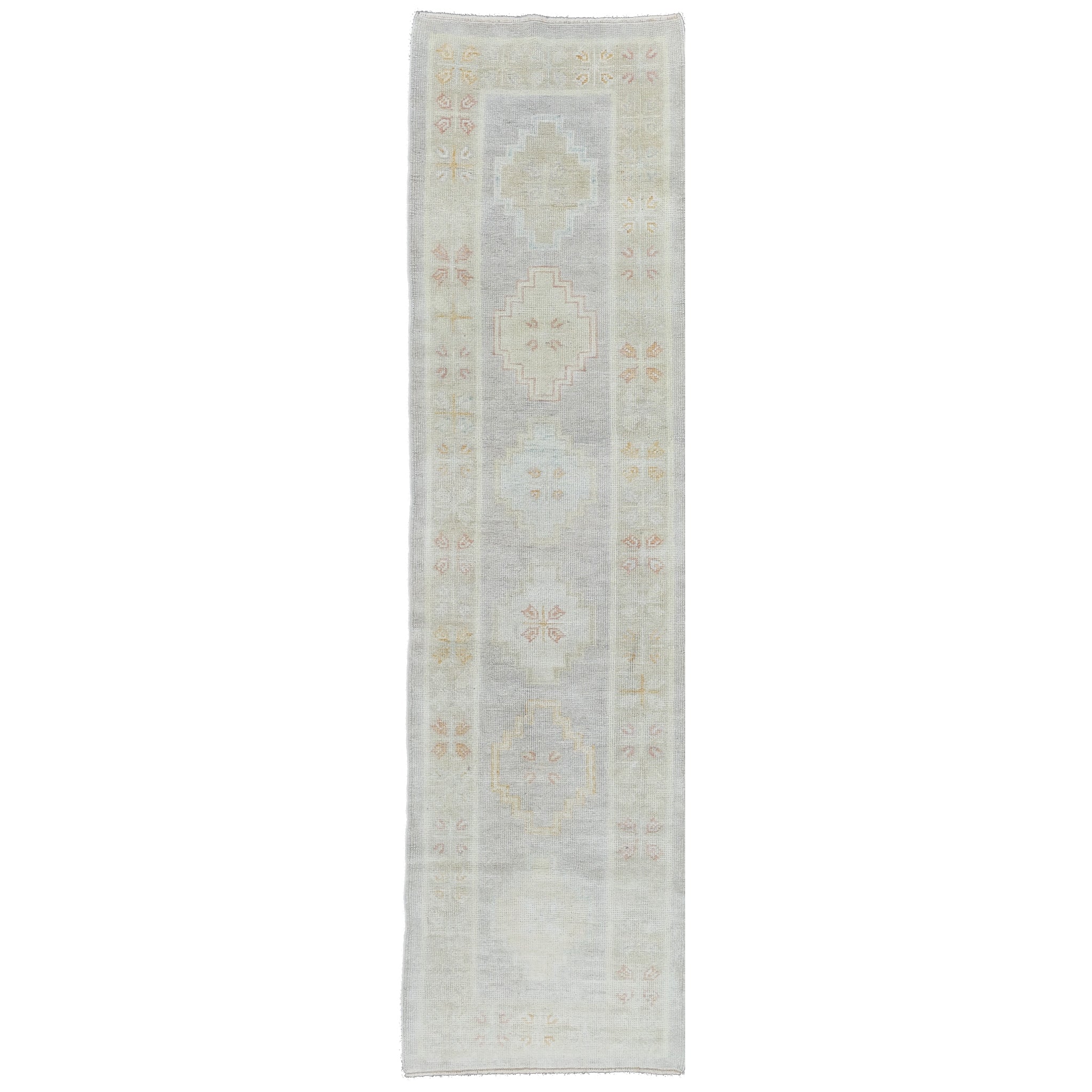 Handwoven Modern Oushak Runner 2'7" x 9'7" | Muted Blue & Orange Turkish Wool Rug