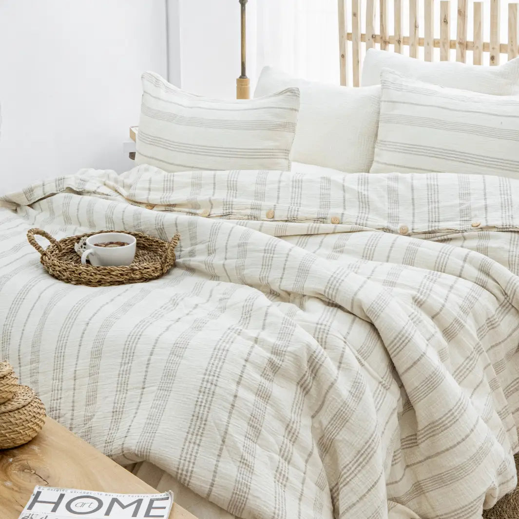 Organic Muslin Duvet Cover Set –Taupe Stripe, GOTS Certified Cotton Bedding with Fitted Sheet & Pillowcases