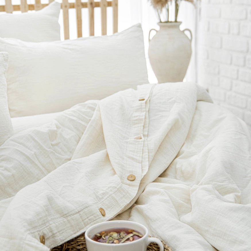 Organic Muslin Duvet Cover Set –Cream, GOTS Certified Cotton Bedding