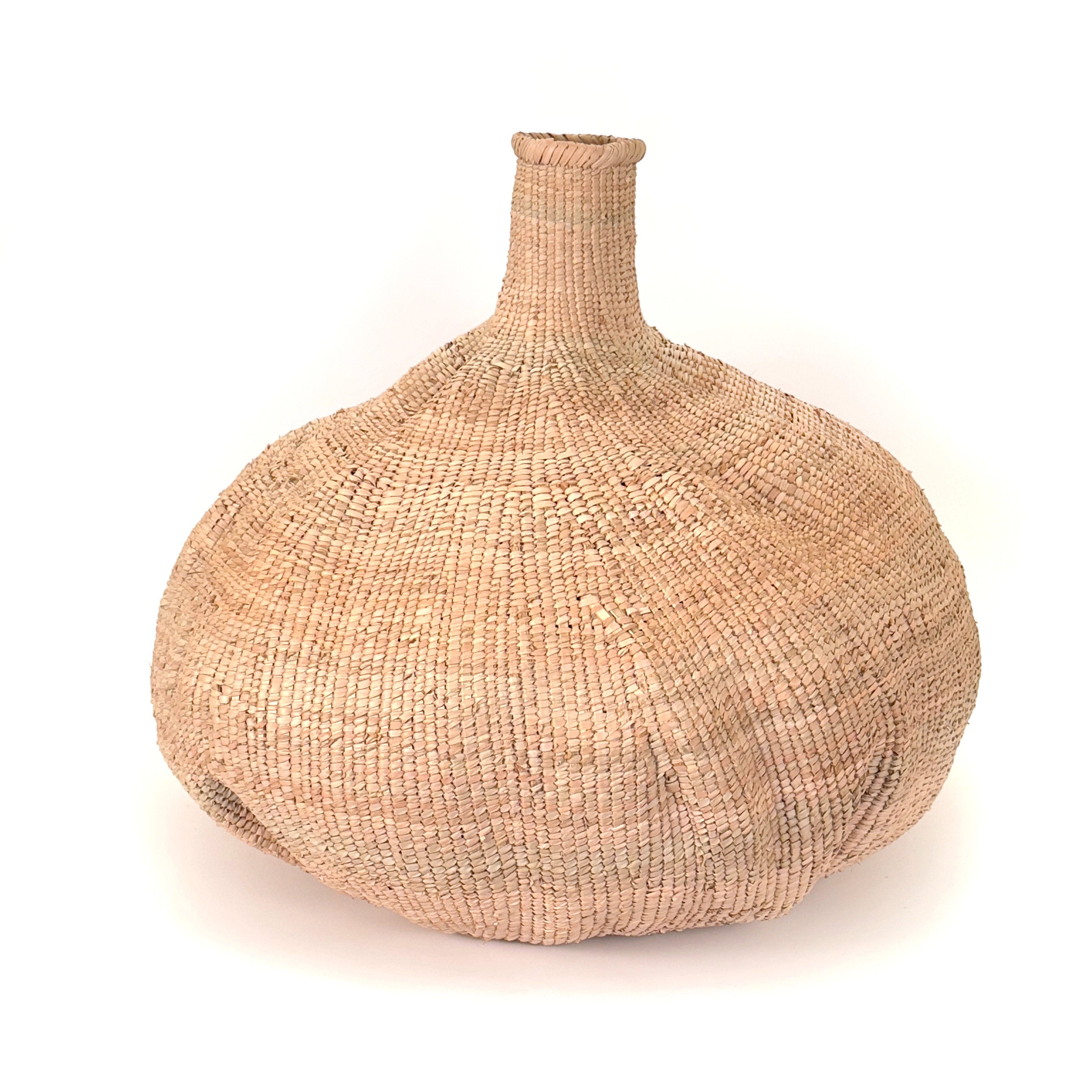 Woven beige vase on a white background