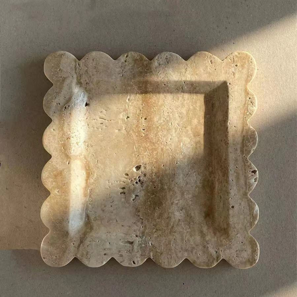 Penelope Scalloped Travertine Tray in Beige