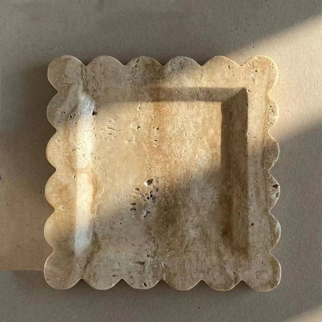 Penelope Scalloped Travertine Tray in Beige