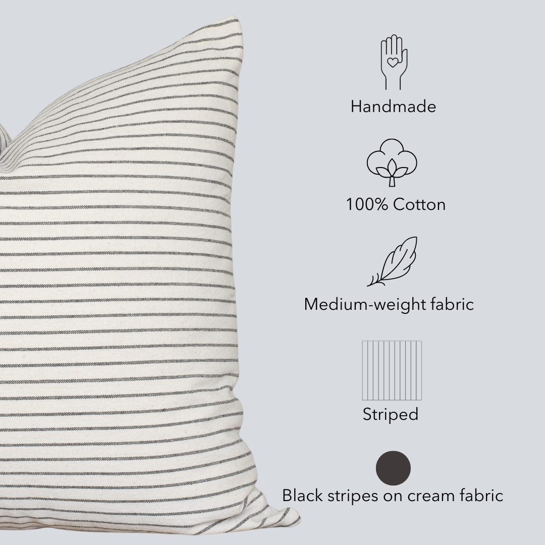 Striped pillow with black and white lines on a light gray background, featuring icons and text about the product.