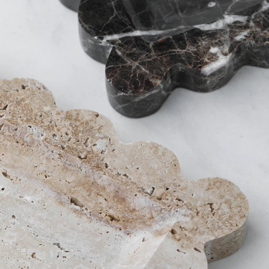 Penelope Scalloped Travertine Tray in Beige