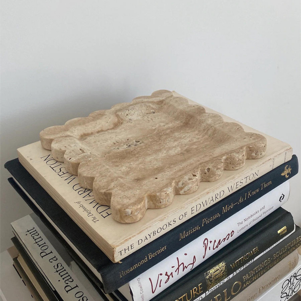 Penelope Scalloped Travertine Tray in Beige