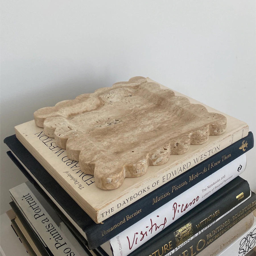 Penelope Scalloped Travertine Tray in Beige