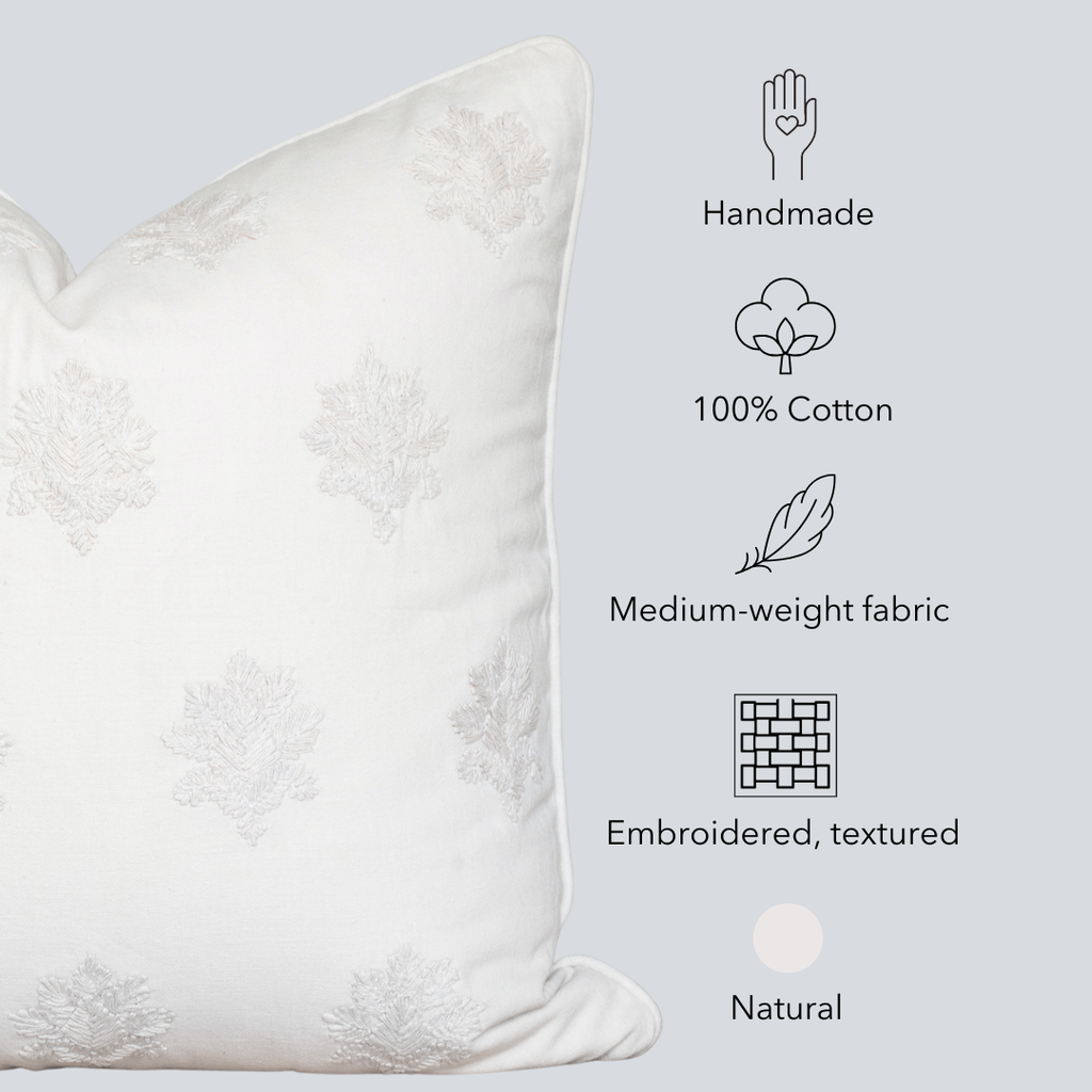 White textured pillow with icons and text describing features on a light gray background