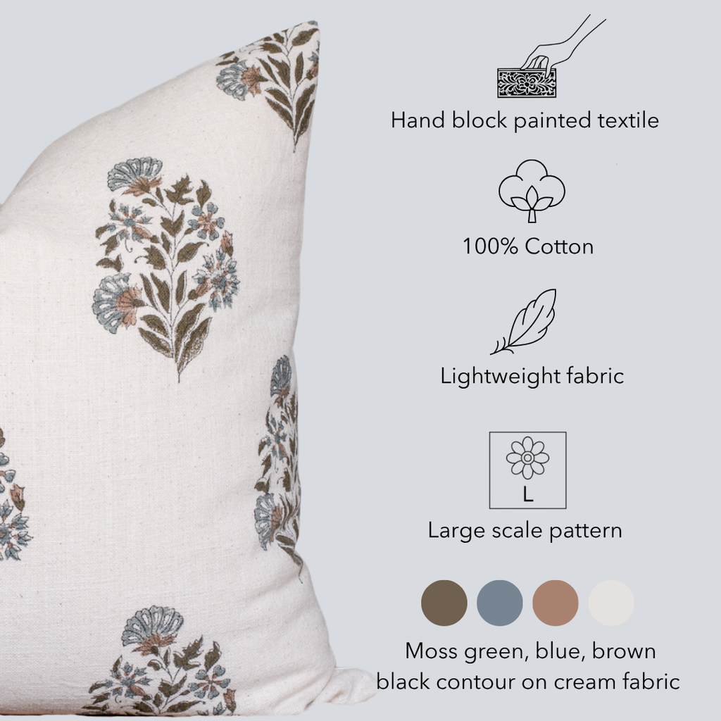 Handmade Block Print Pillow Cover | Blue, Brown & Green Floral