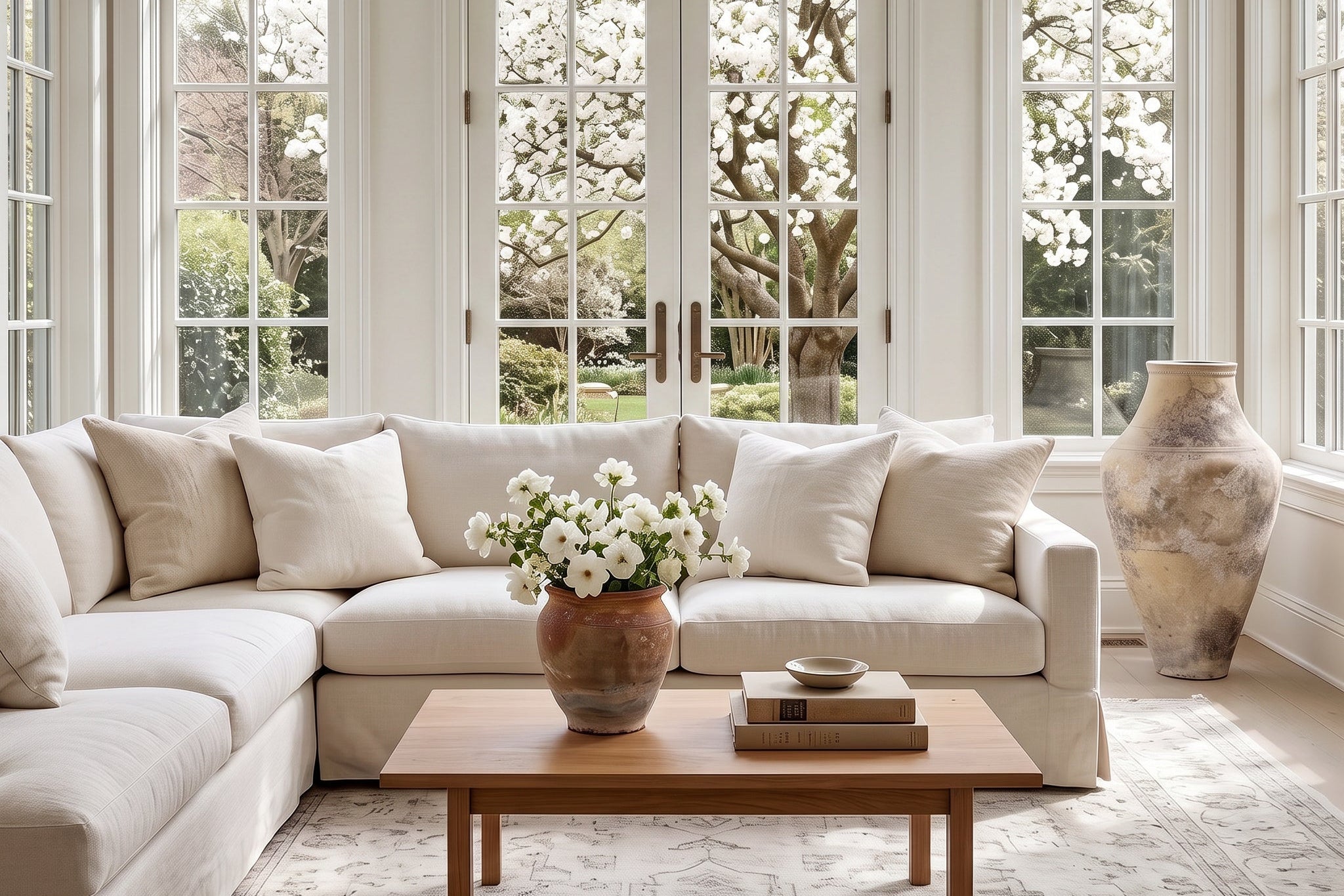 A bright, modern living room featuring a light beige sectional sofa with matching throw pillows, a wooden coffee table with a vase of white flowers, and a large textured ceramic vase on the floor, set against tall white-framed windows looking out onto blooming trees.