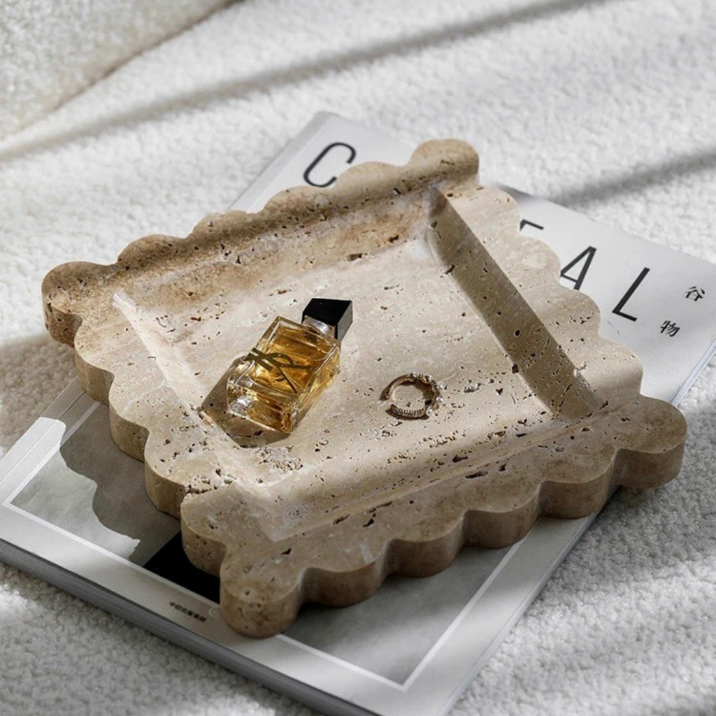 Penelope Scalloped Travertine Tray in Beige