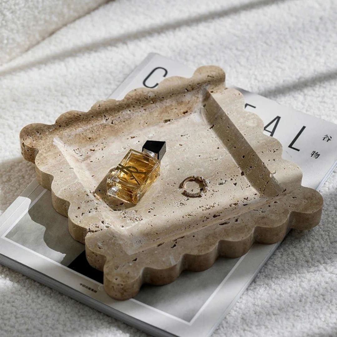Penelope Scalloped Travertine Tray in Beige