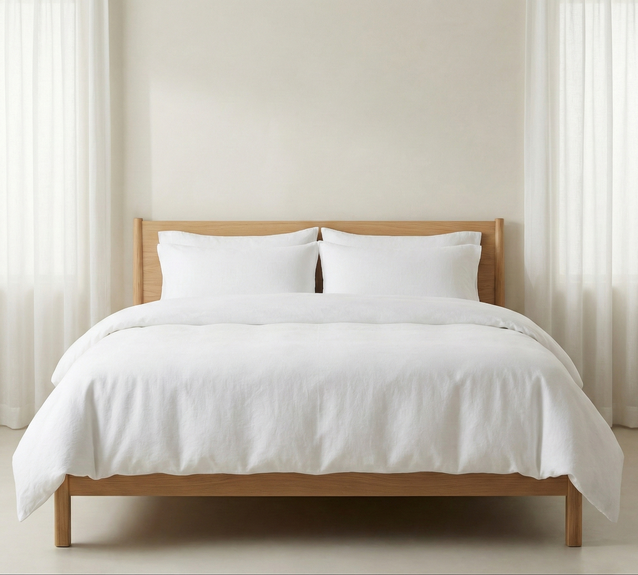 Bed with white bedding and pillows against a neutral wall.