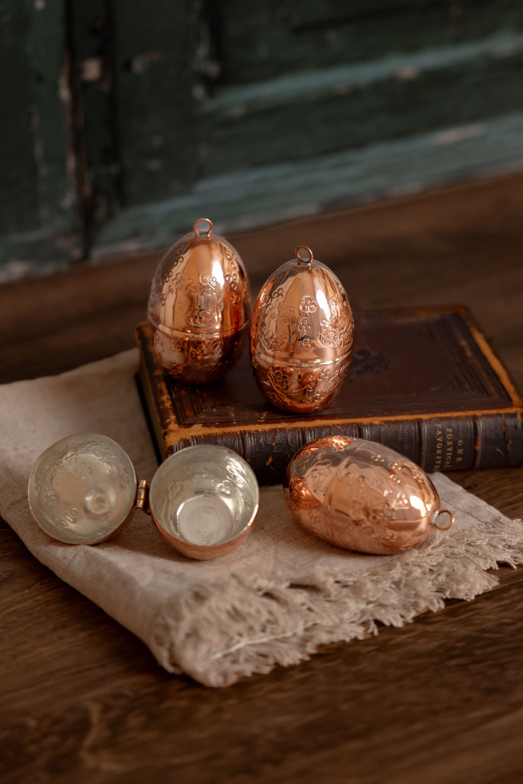 Copper Egg Ornaments with Hand-Etched Bird & Floral Motifs (Set of 2 or 4)