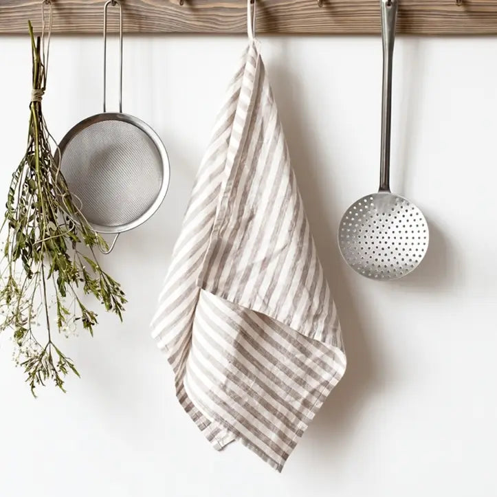 Natural & White Striped Linen Kitchen Towels | Set of 4