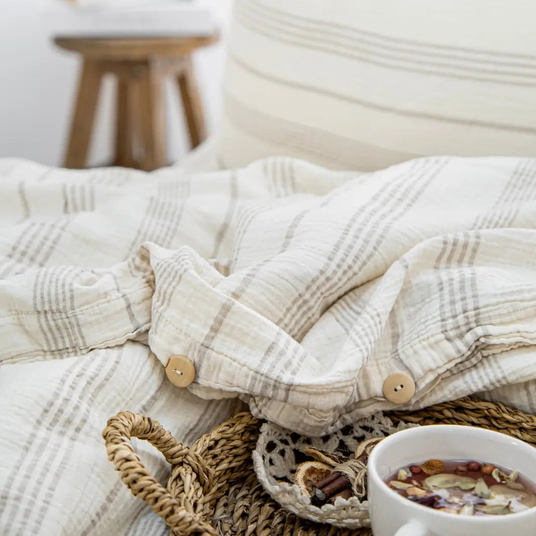Organic Muslin Duvet Cover Set –Taupe Stripe, GOTS Certified Cotton Bedding with Fitted Sheet & Pillowcases