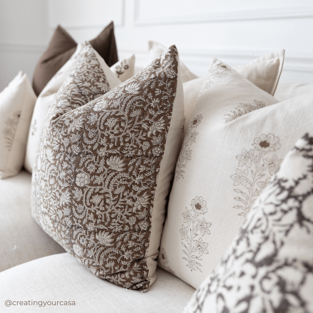 Nina Floral Block Printed Pillow Cover | Brown