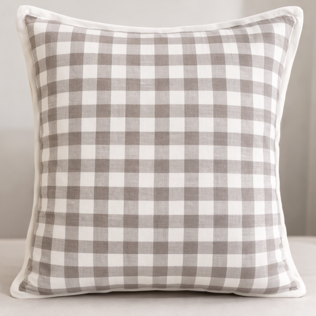 Selma Check Linen Pillow Cover – Ivory & Taupe with Ivory Flange | 100% Linen Decorative Cushion