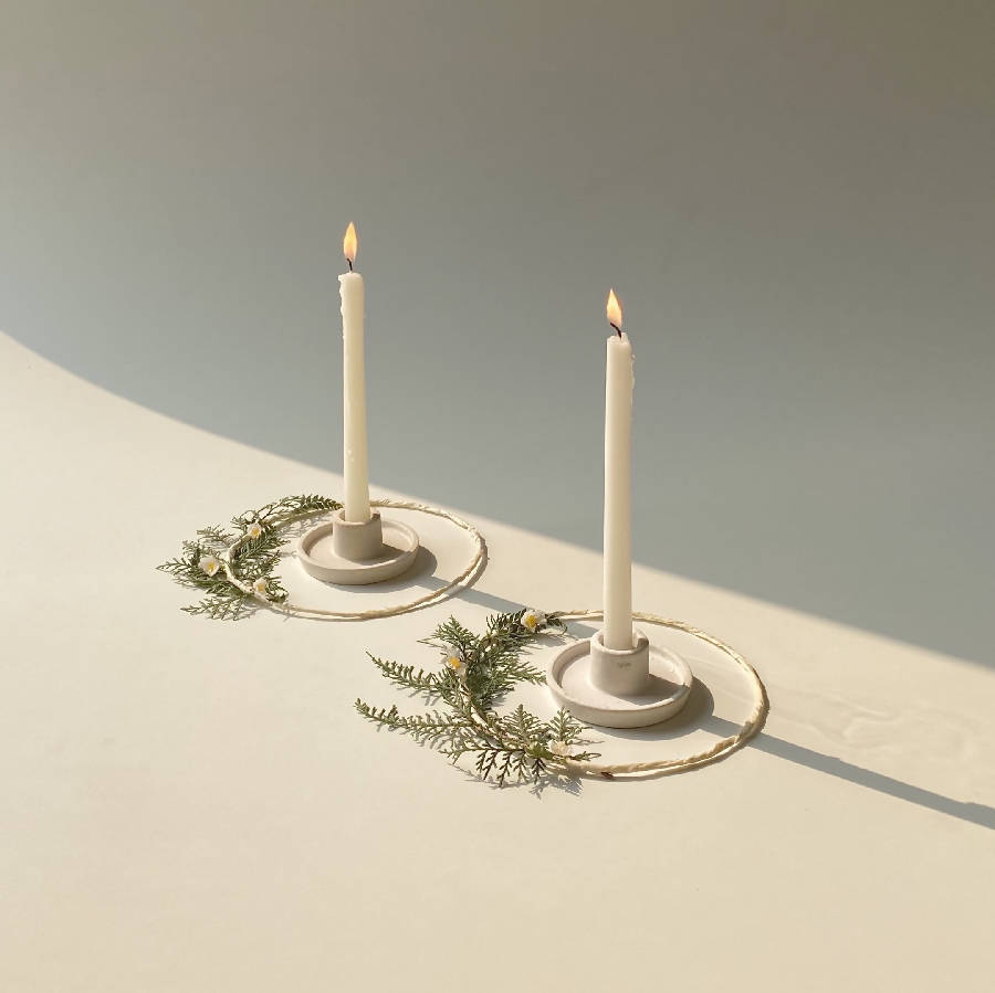 Raw Ceramic Candle Holders – Set of 2 | Handmade Neutral Decor