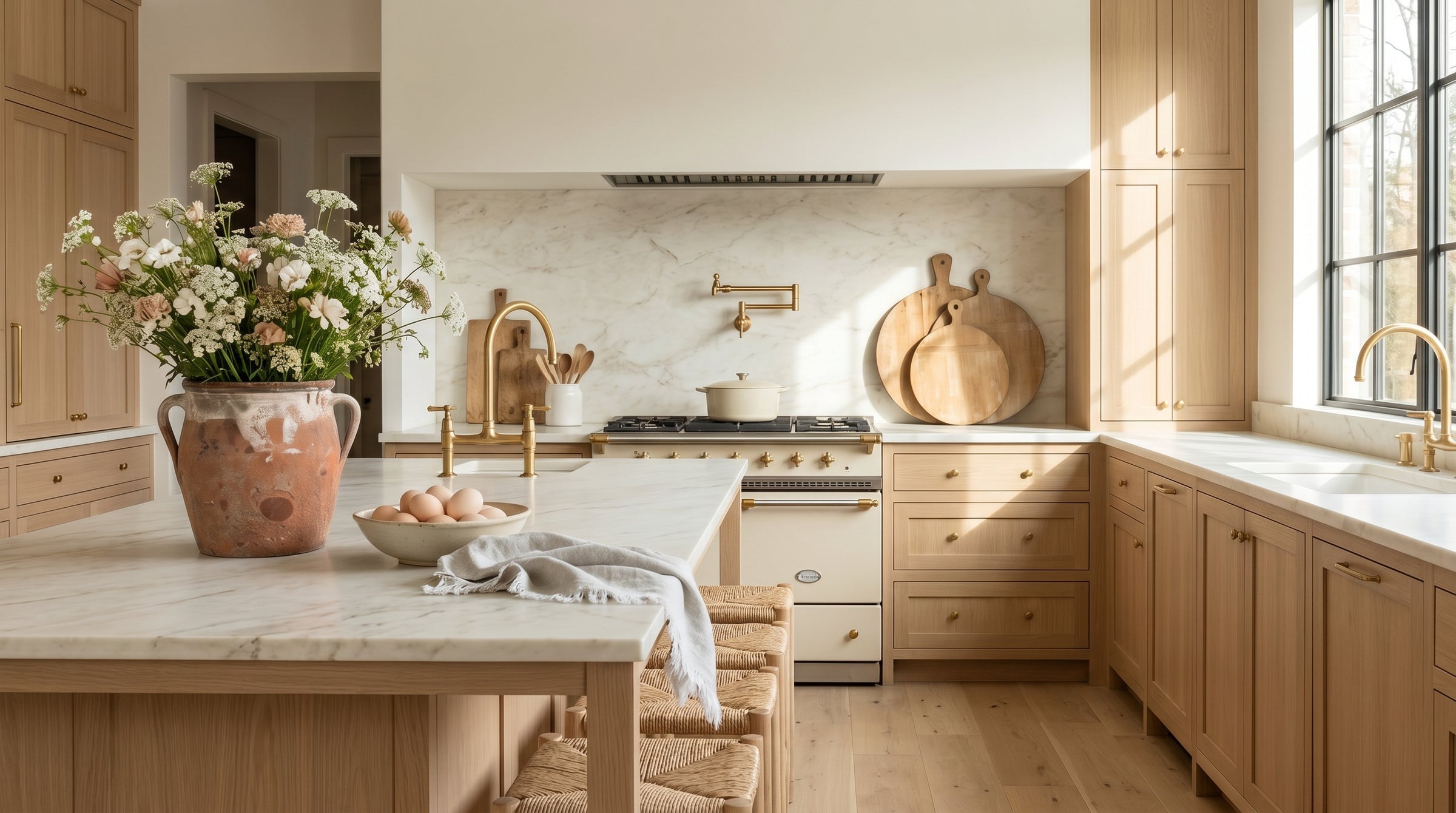A bright, modern kitchen with light wood cabinetry, a marble island and backsplash, brass fixtures, and a large vase of flowers on the island.