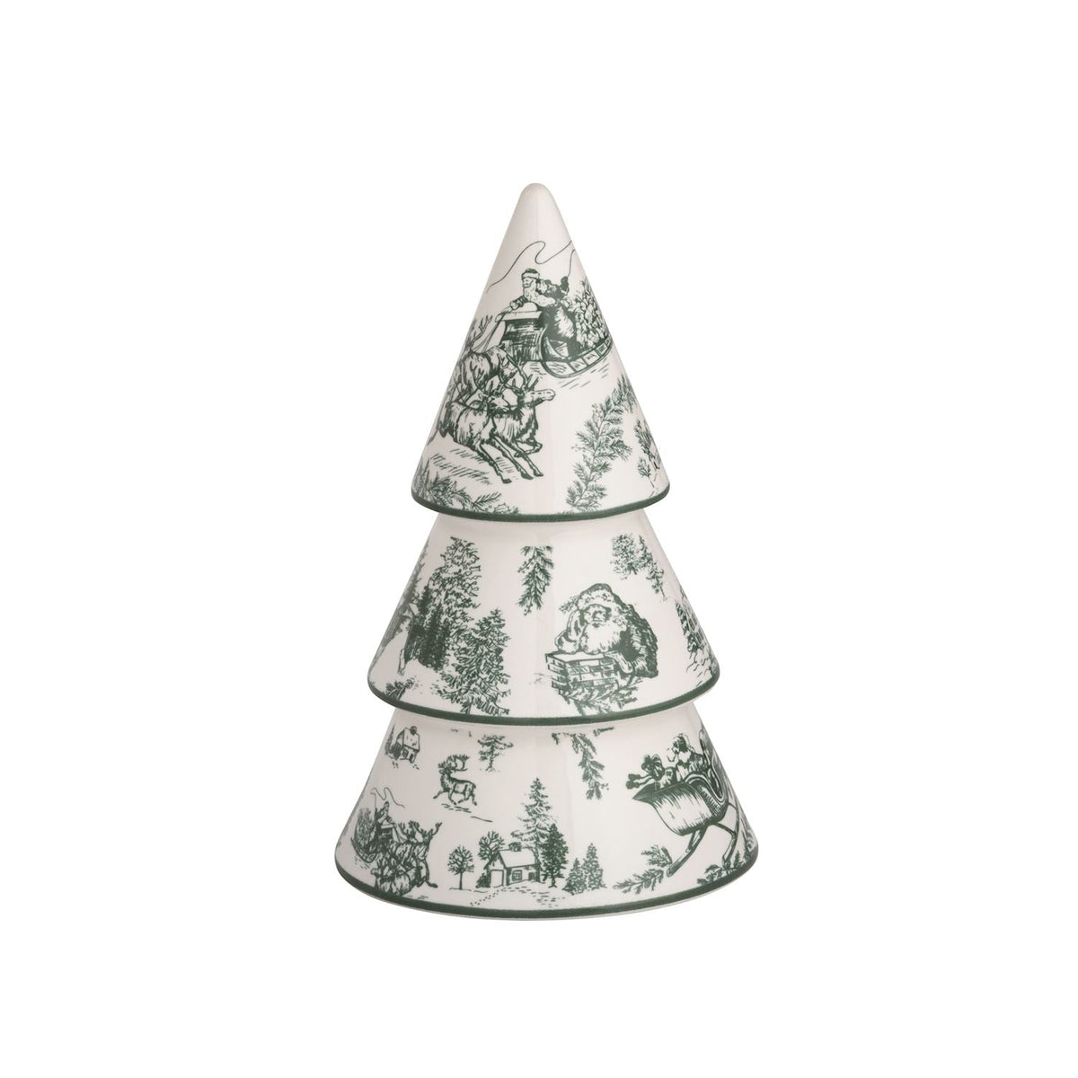 Hand-Painted Green Toile Stoneware Christmas Tree Sitters – Set of 3 Sizes