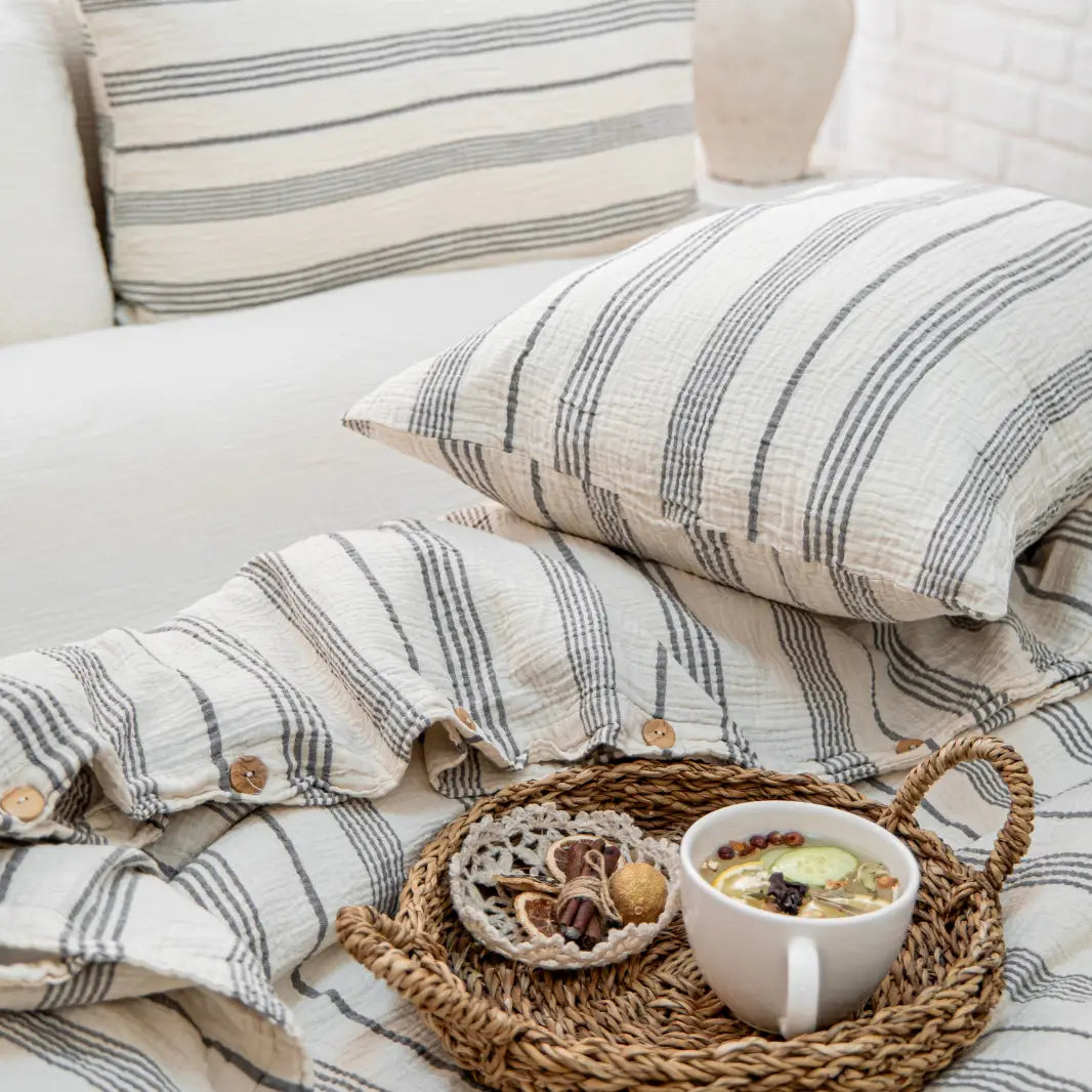 Organic Muslin Duvet Cover Set – Grey Stripe, GOTS Certified Cotton Bedding with Fitted Sheet & Pillowcases