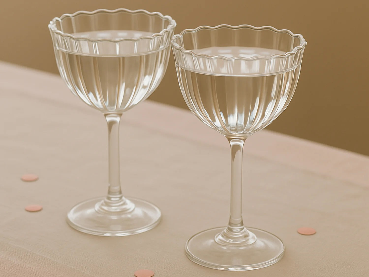 Two clear glass goblets on a beige surface with a brown background