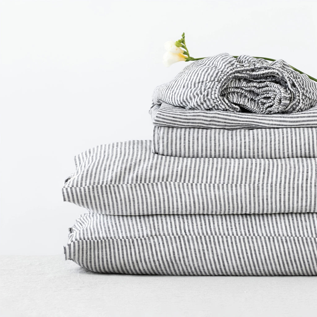 Black Pinstriped Linen Sheet Set