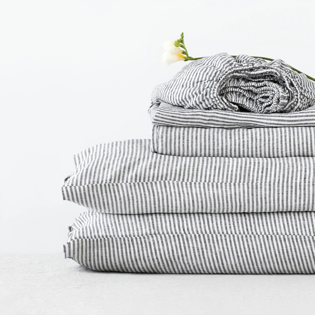 Black Pinstriped Linen Sheet Set