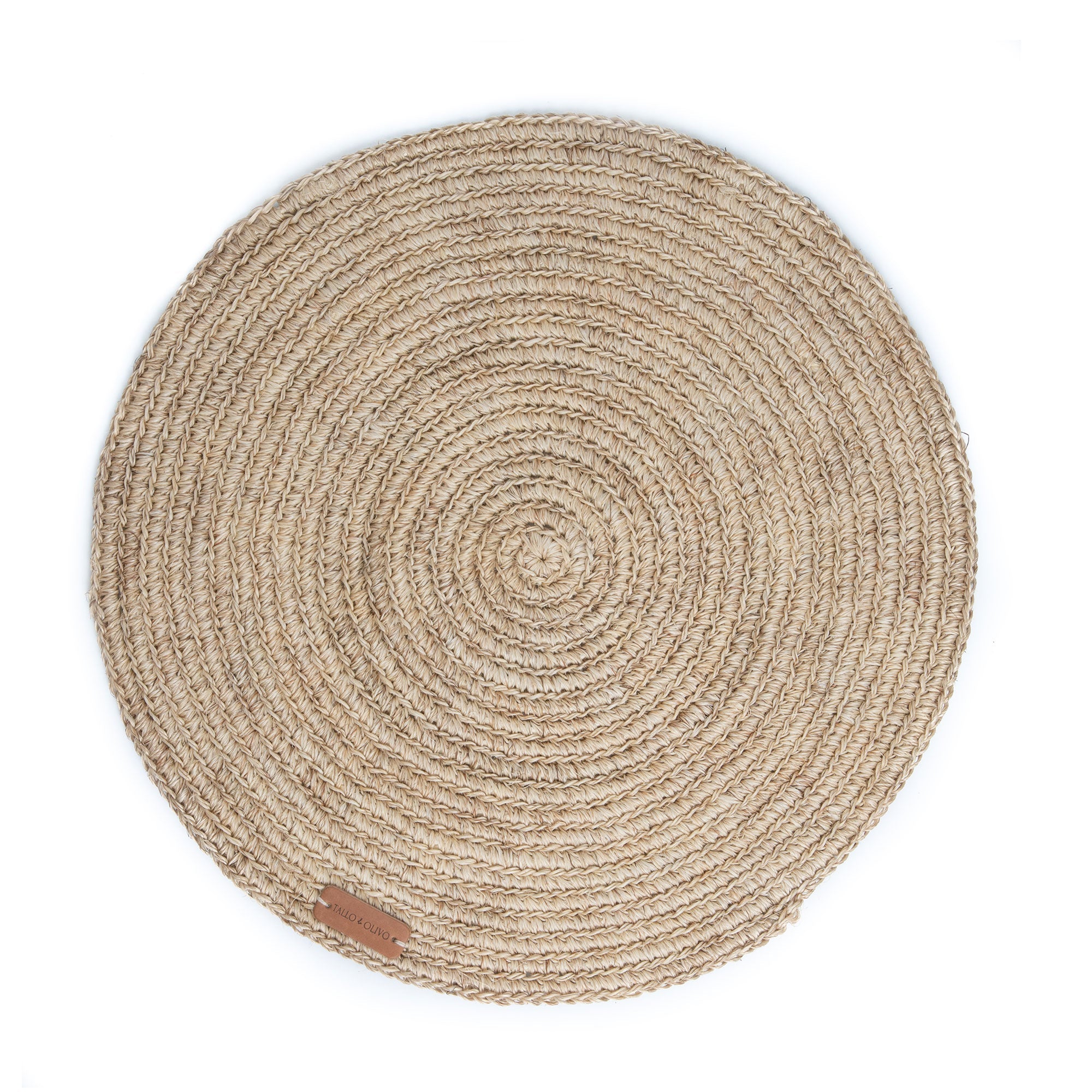 Round woven mat with a natural fiber texture on a white background