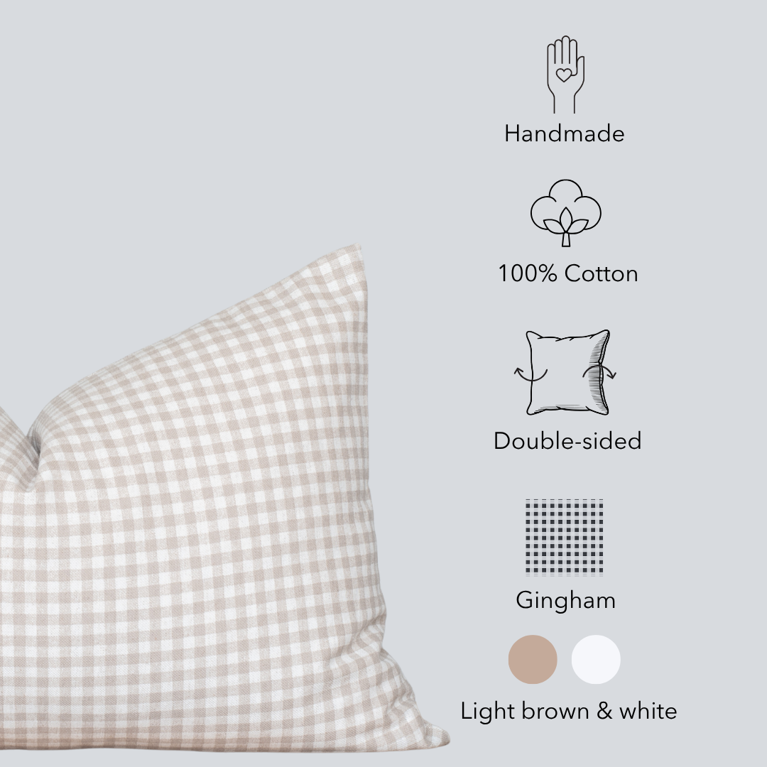 Gingham checkered pillow with product features on a light gray background