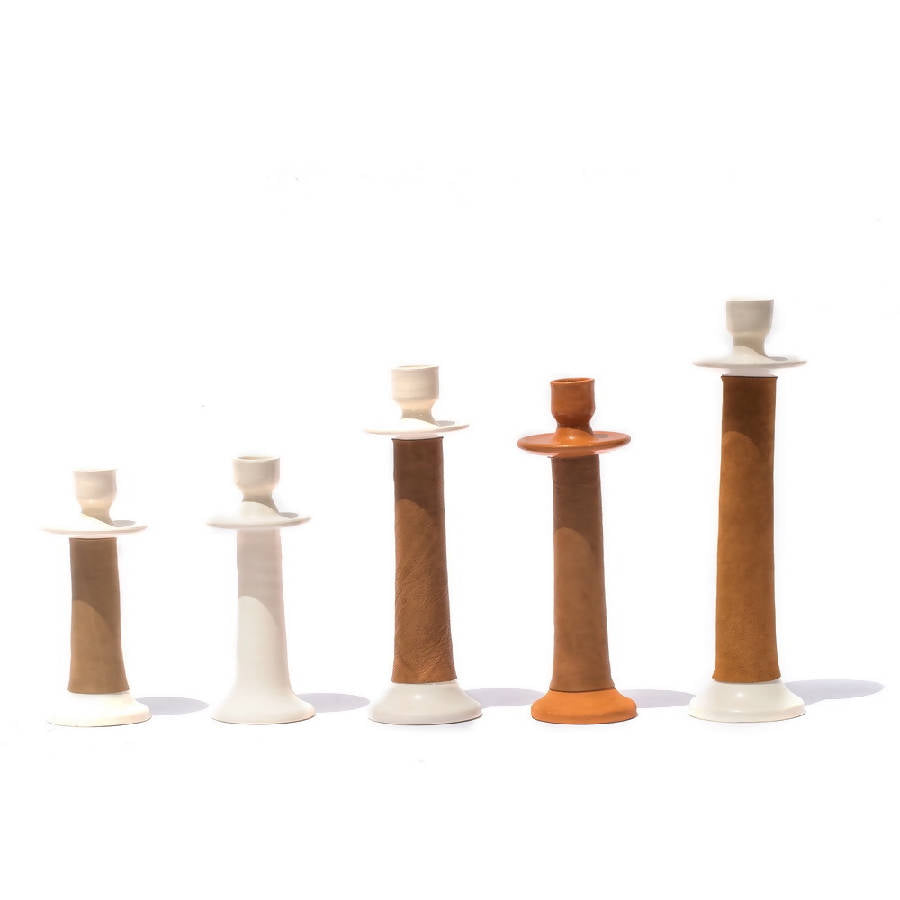 Handmade Moroccan Leather-Wrapped Ceramic Candle Holders