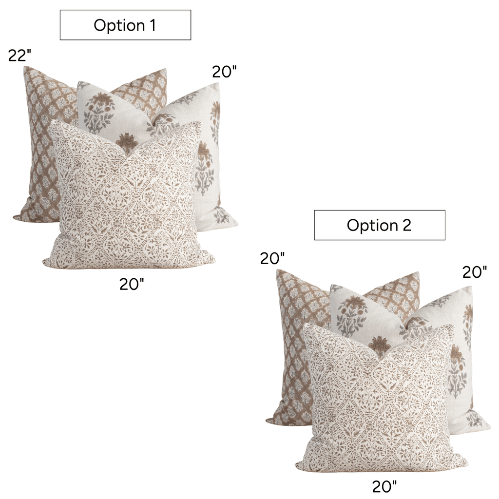 Lenox Throw Pillow Set | 3 Block Print Covers | Brown, Green & Mustard