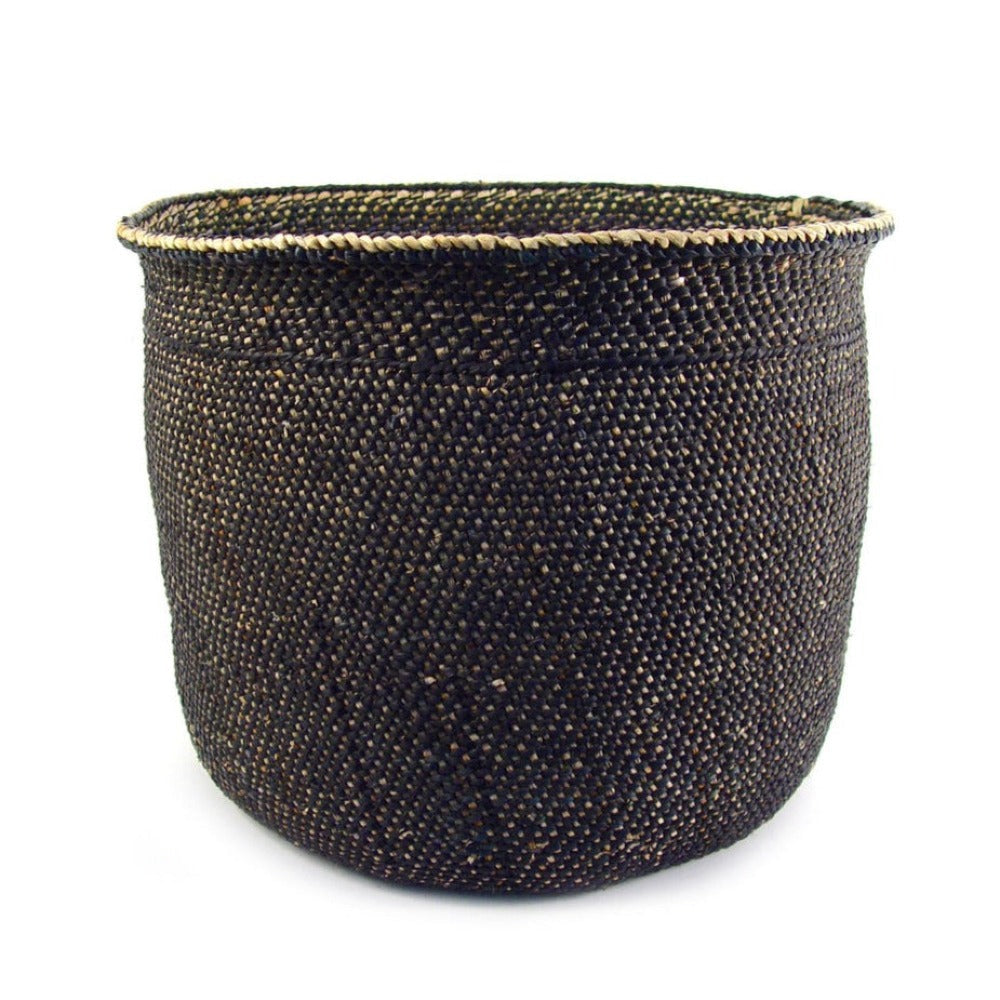 Black woven basket on a white background