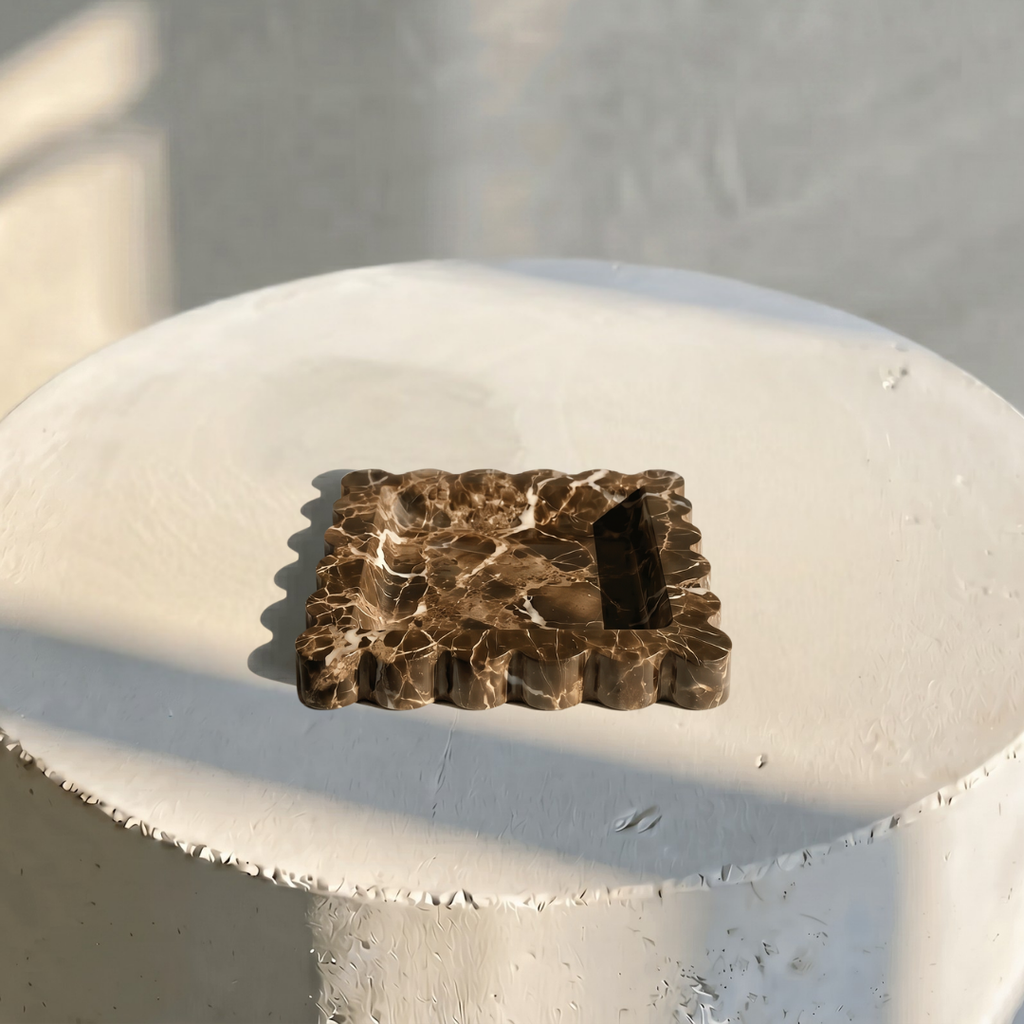 Penelope Scalloped Travertine Tray in Beige