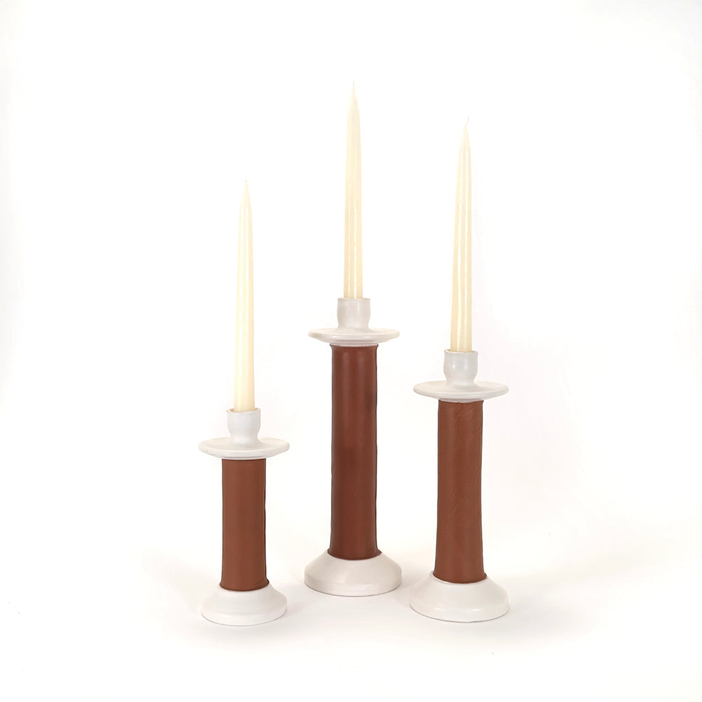 Handmade Moroccan Leather-Wrapped Ceramic Candle Holders