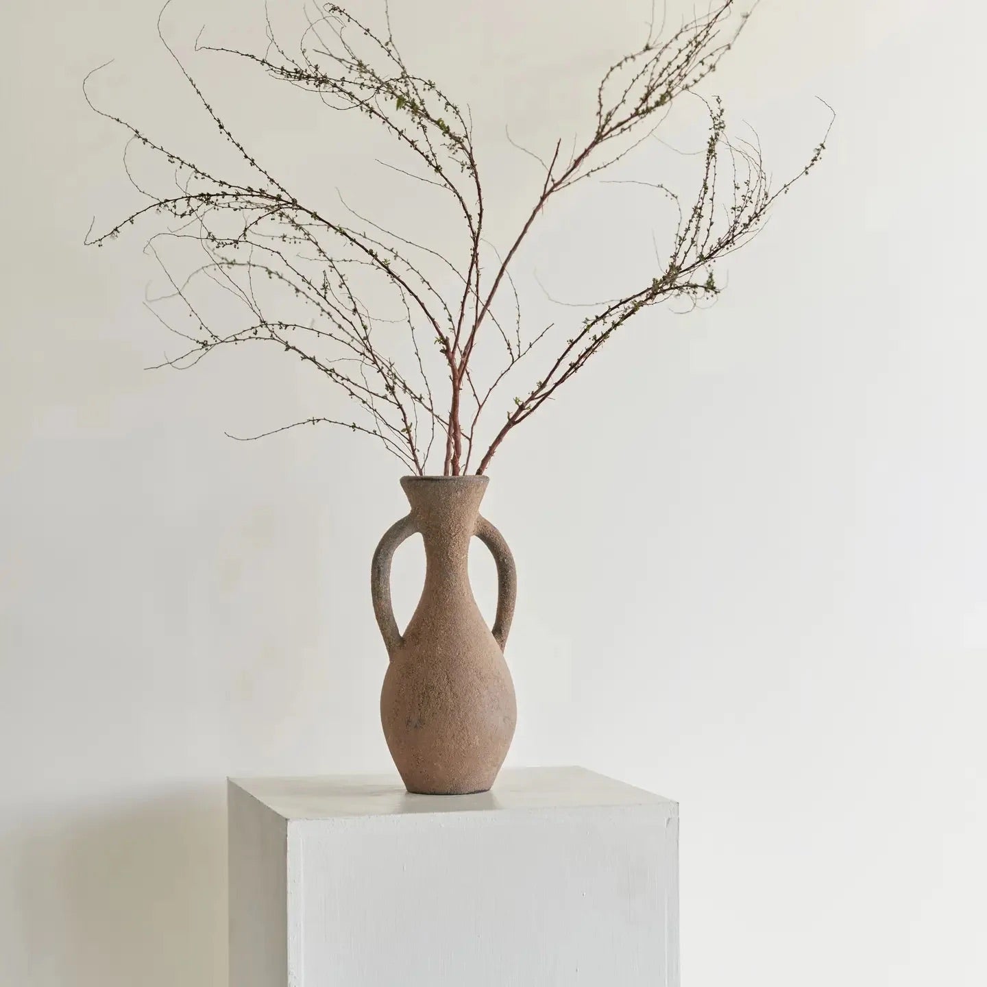 Vase with branches on a white pedestal against a light background