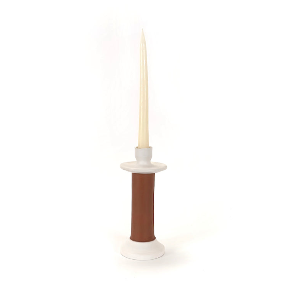 Handmade Moroccan Leather-Wrapped Ceramic Candle Holders