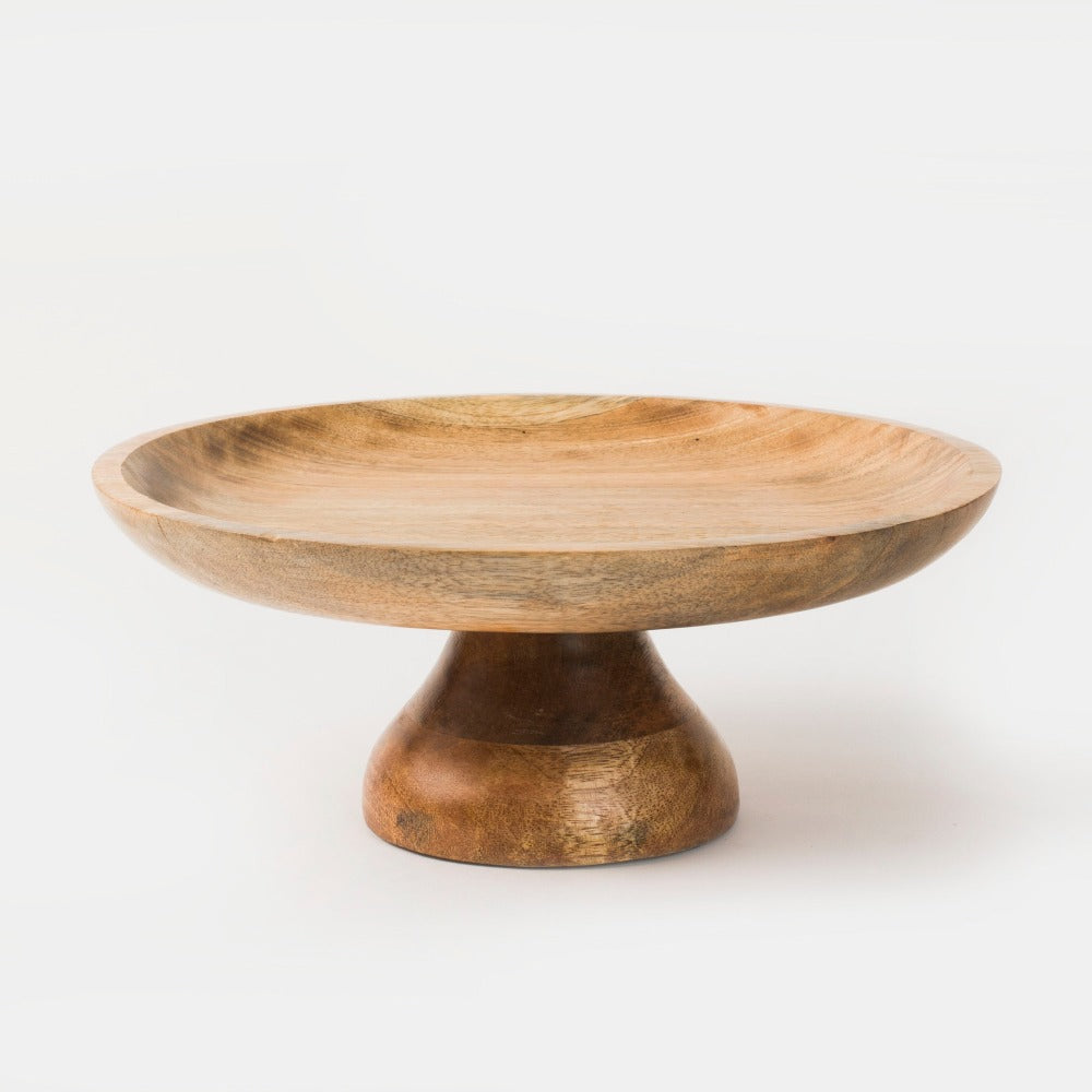 Wooden bowl with a pedestal base on a white background