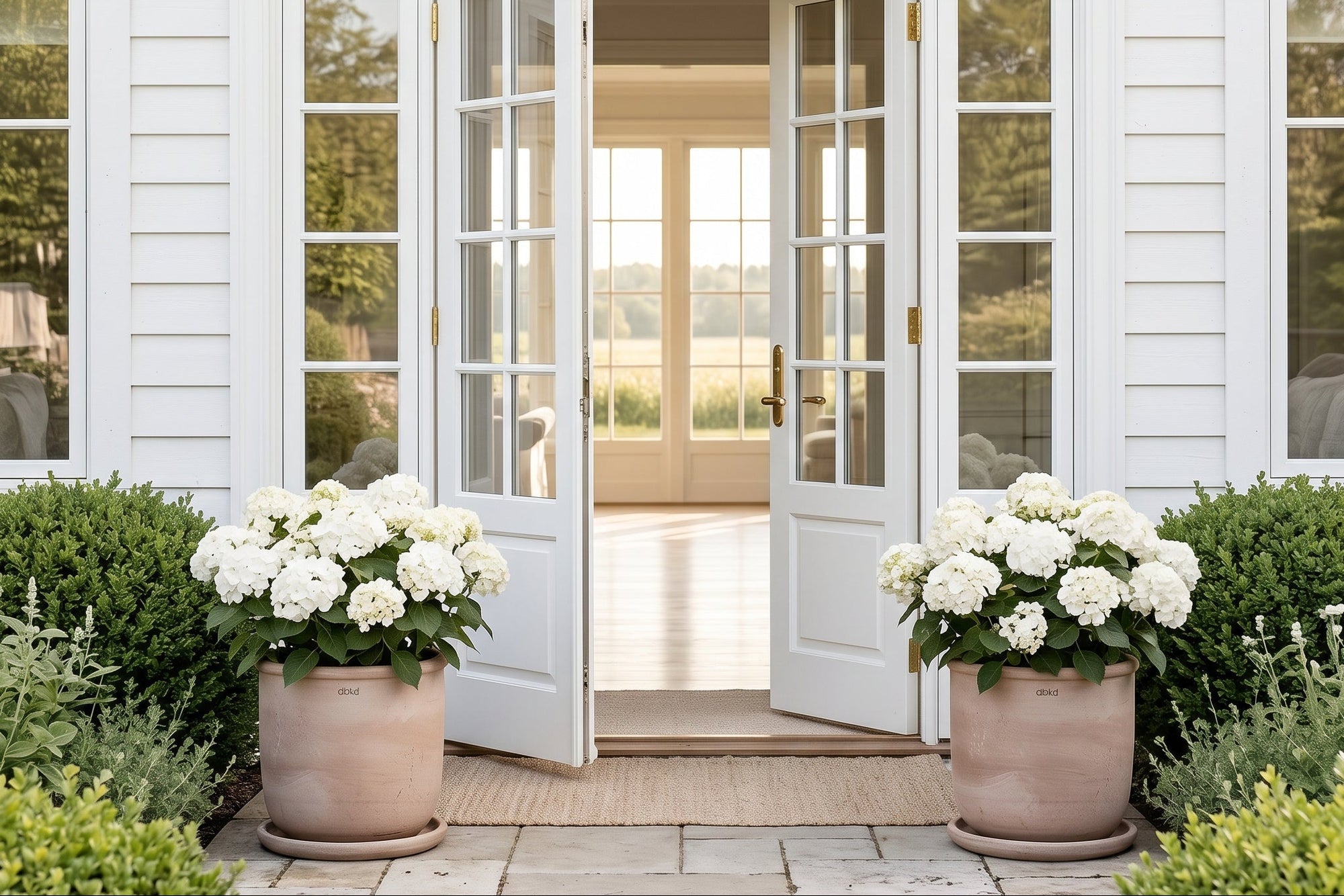 White French doors with glass panes open on a house facade, flanked by two large terracotta planters filled with white flowers, with manicured green shrubs and a stone walkway in the foreground.